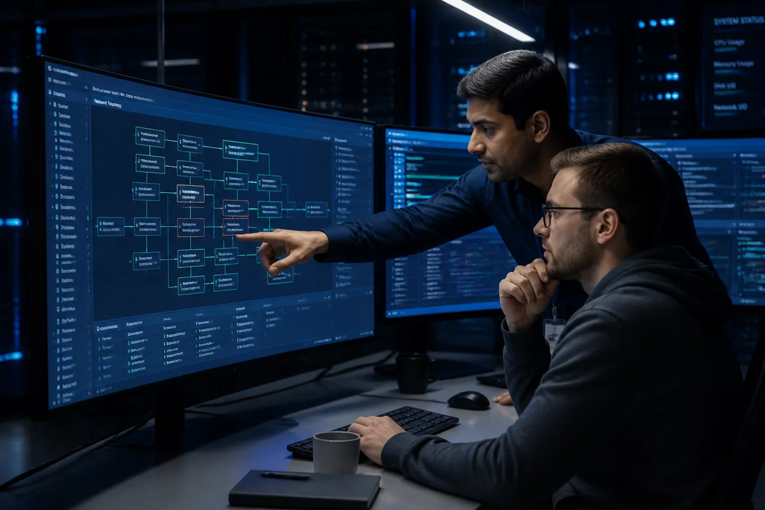 Infrastructure engineers analyzing system blueprints in the operations center